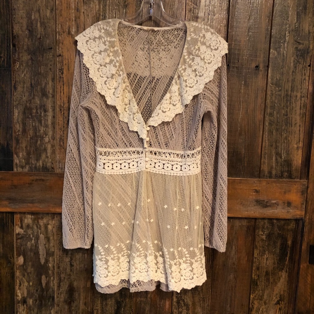 RYU, M, Sheer Antique Lace Button Cardigan